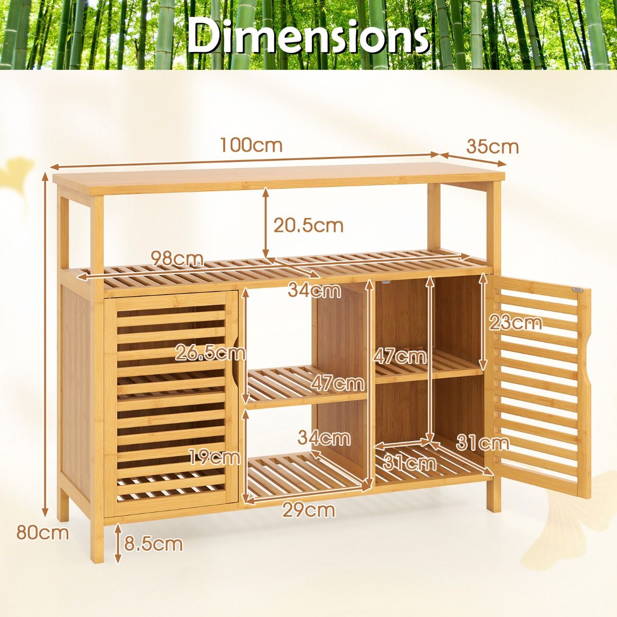 Coast Bambus-Badezimmerschrank – 2 Türen – offene Regalböden – natur – 100 x 35 x 80 cm