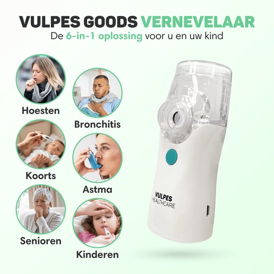 Vulpes Goods® HealthCare - Aerosolgerät - Ultraschallvernebler Inhalator - Vernebler - Inhalator für Kinder, Erwachsene und Babys - Wiederaufladbar - 2 Modi - Hilft gegen Atemwegserkrankungen - Inkl. 4 Düsen & Deluxe Reiseetui