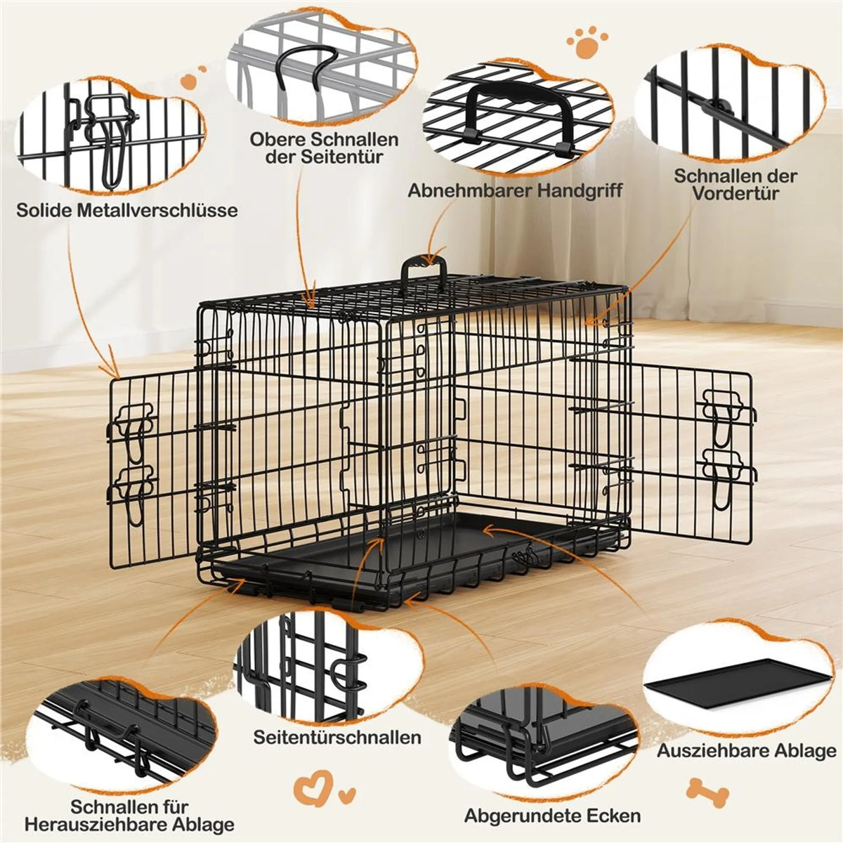 Yaheetech Faltbare Hundebank - 76 x 45 x 51 cm - Mit Trennwand und abnehmbarer Bodenplatte und Doppeltür - Für kleine Hunde - Schwarzes Metall und Kunststoff