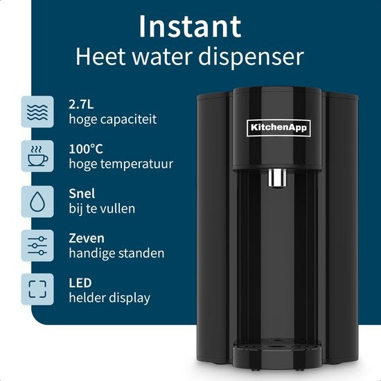 KitchenApp Heißwasserspender mit Filter - Luxus-Wasserkocher mit Temperaturregelung - Heißwasserhahn 2.7L - Schwarz