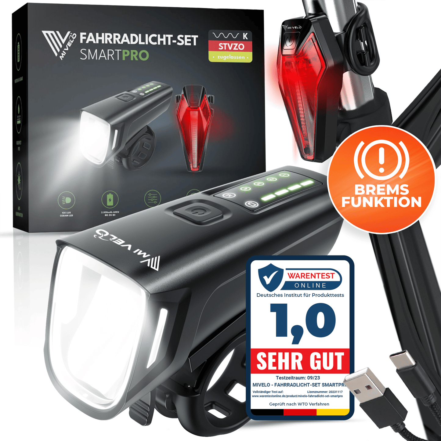 Mivelo - Fahrradlicht Set LED - SMART PRO - mit Bremsfunktion - USB-aufladbar - schwarz
