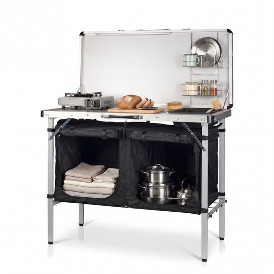 Tristar Campingküche – Zusammenklappbar – 100 x 50 cm – Mit Spülbecken – Aluminiumrahmen – Campingschrank und Außenküche – Inklusive Tragetasche – Verstellbare Beine – KI-0825