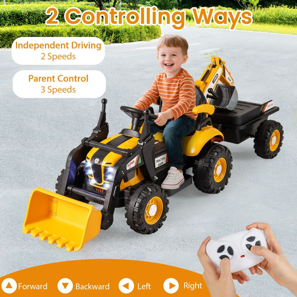 Coast Elektrischer Kindertraktor mit Anhänger – Bagger und Schaufel – Fernbedienung – Gelb