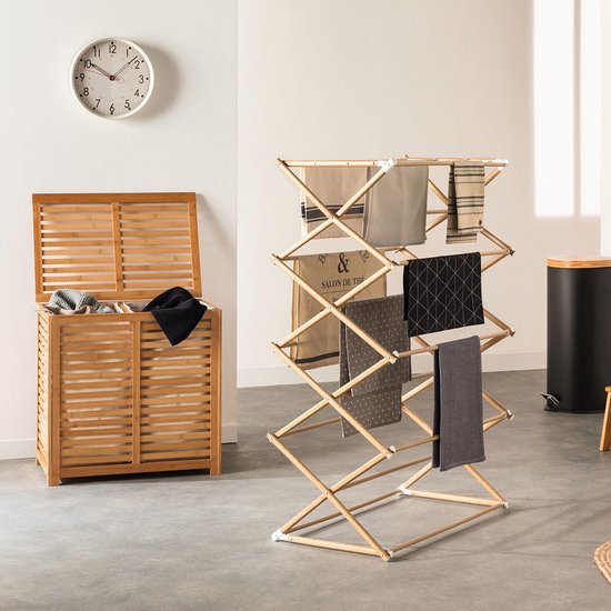 5Five Wäschekorb aus Bambusholz – Mit Wäschebeutel – 65 Liter – 40 x 38 x 58 cm – hellbraun – mit Deckel