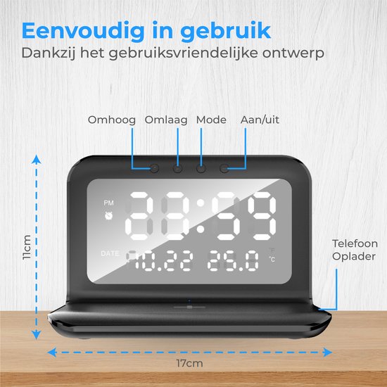 Nuvance - Digitaler Wecker - Digitaler Wecker für das Schlafzimmer - mit drahtlosem Ladegerät und USB-Ladeanschluss - mit Snooze-Funktion und Doppelalarm