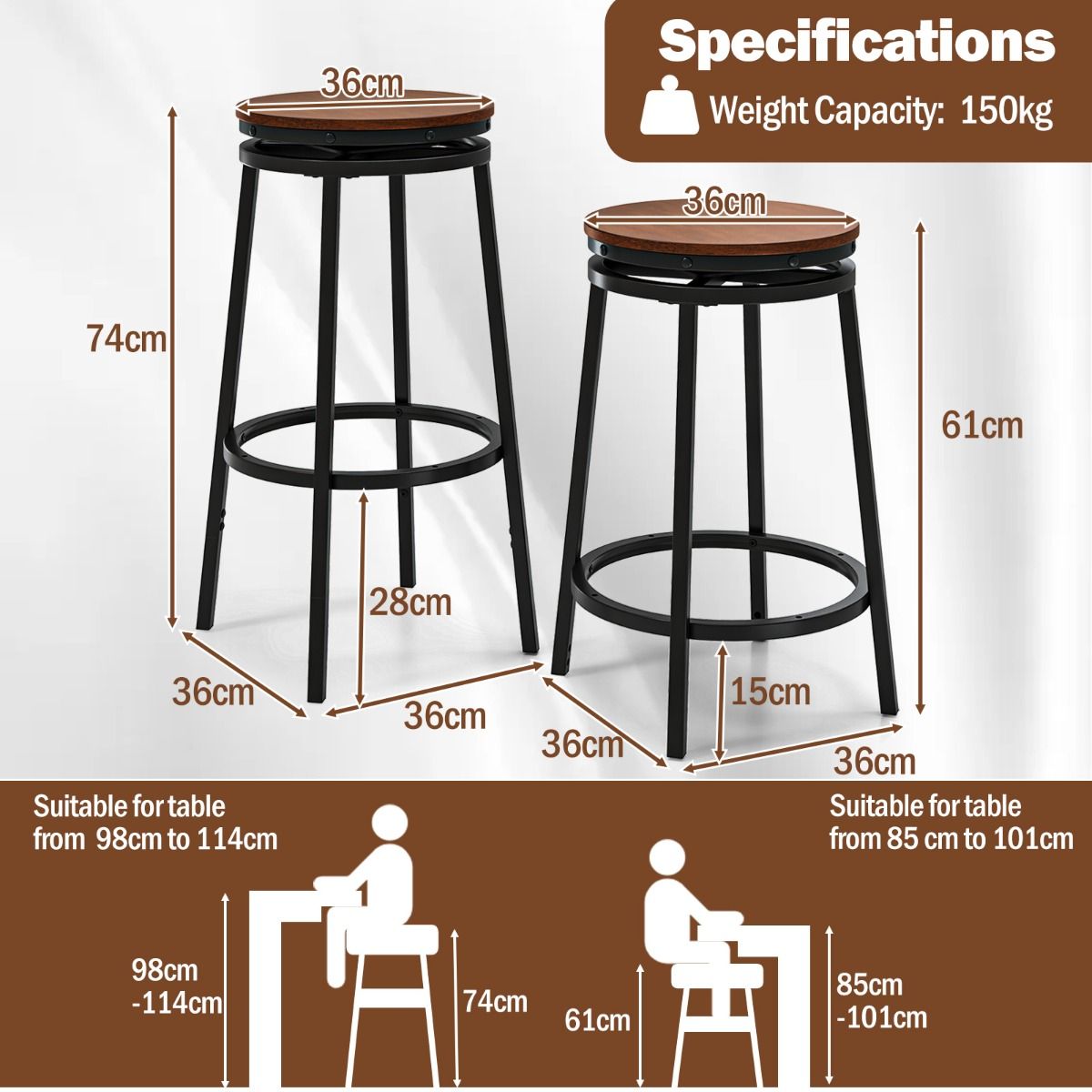 Coast Barhocker, 2er-Set – höhenverstellbar – um 360° drehbar – rustikales Braun und Schwarz