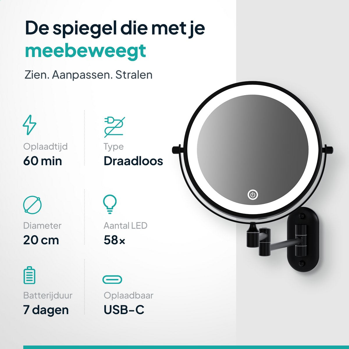 Mirlux Make-up-Spiegel mit LED-Beleuchtung - 20 cm - Wiederaufladbar - 1x & 5x Vergrößerung - Schwarz - Rasier- und Badezimmerspiegel