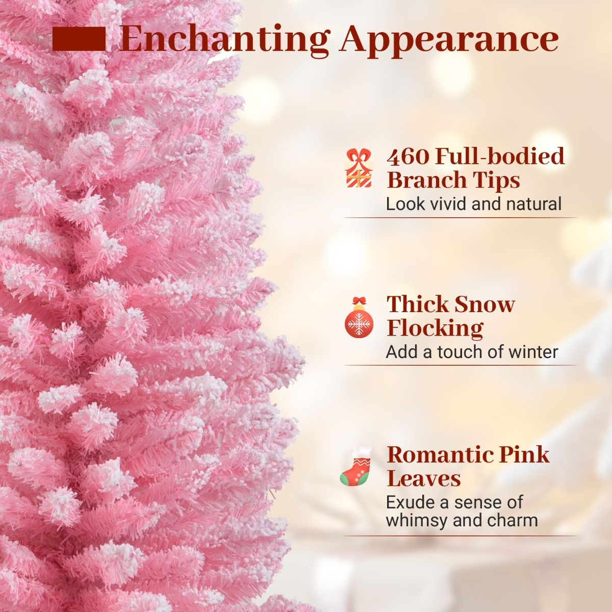 Coast Pink Künstlicher Weihnachtsbaum 180 cm - schlanke Bleistiftform - verschneite Äste - Metallständer