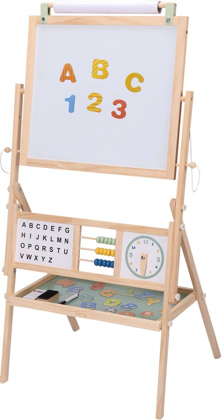 Sunny Nola Aktivitäten-Staffelei – Holzstaffelei für Kinder – Spielstaffelei mit Whiteboard und Kreidetafel – Malstaffelei für Kinder – Magnettafel – Inklusive Papierrolle, Magneten, Kreiden, Filzstiften und Radiergummi – Lernspielzeug
