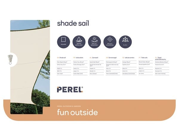 Perel Sonnensegel - Quadratisch - 5 X 5 M - Farbe: Creme