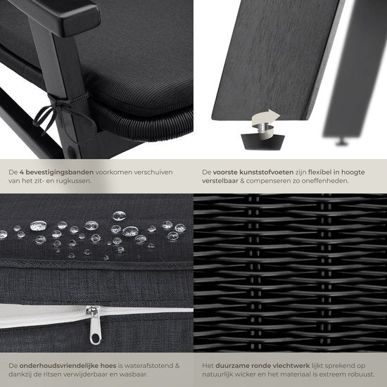 tectake - Garden Chair - Holzstuhl für Balkon oder Garten - Korbgeflecht-Sitzfläche - Outdoor-Sessel - Belastbarkeit bis 150kg - Stuhl für den Innen- und Außenbereich - inkl. Kissen - schwarz