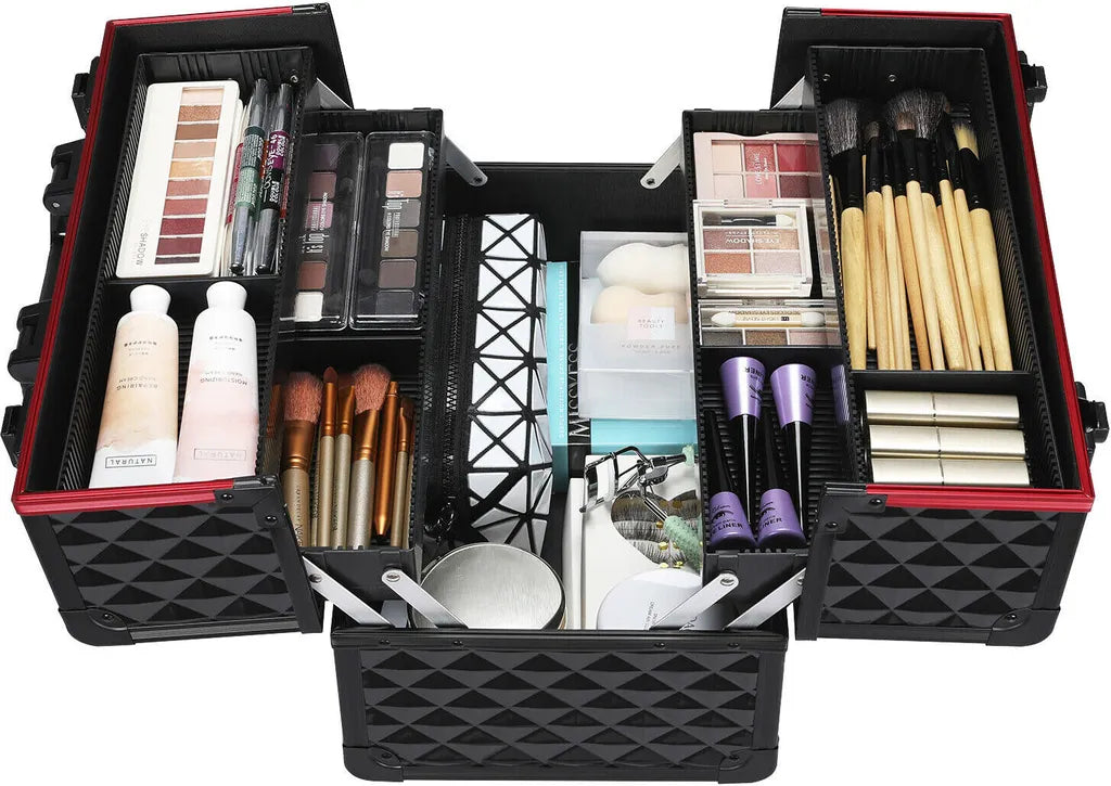 Yaheetech Schminkkoffer - 34,7 x 22,2 x 25 cm - Verstellbar - Ablagefächer - Abschließbar - Schwarz/Rot