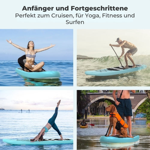 LifeGoods SUP Board - Mit Sitz - Aufblasbares Paddle Board - Komplettset - Max. 135KG - 320x81cm - Mintgrün/Schwarz