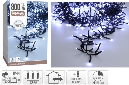 Maxi Cluster Weihnachtsbeleuchtung - 800 led - 12m - (Eis) weiß - Timer - Lichtfunktionen -Outdoor-Indoor Memory