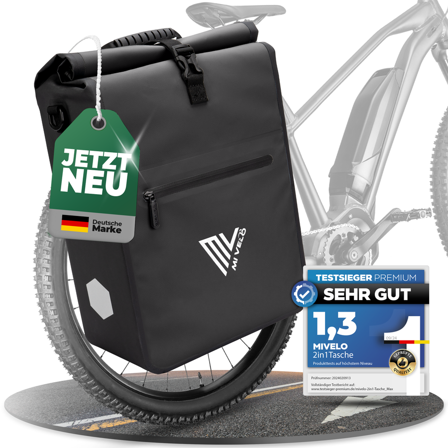MiVelo Max - 2-in-1 wasserdichte Packtasche für Gepäckträger - Schwarz - 25 L