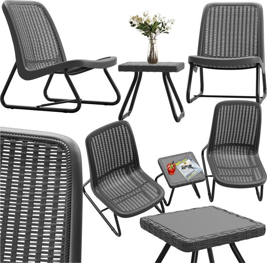 tectake - Gartenmöbel-Set für 2 Personen - Outdoor-Möbel wetterfest für Balkon - Garten-Lounge-Set - Terrassenmöbel - Sitzgruppe mit 2x Loungesessel und 1x Gartentisch Beistelltisch - Rattanoptik - grau