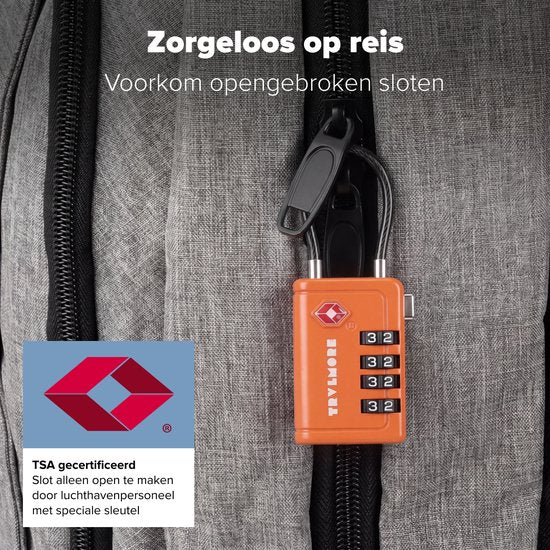 TRVLMORE Kofferschloss mit Kabel – TSA-zertifiziert – Alarmfunktion – 4-stellig – 2 Stück – Orange