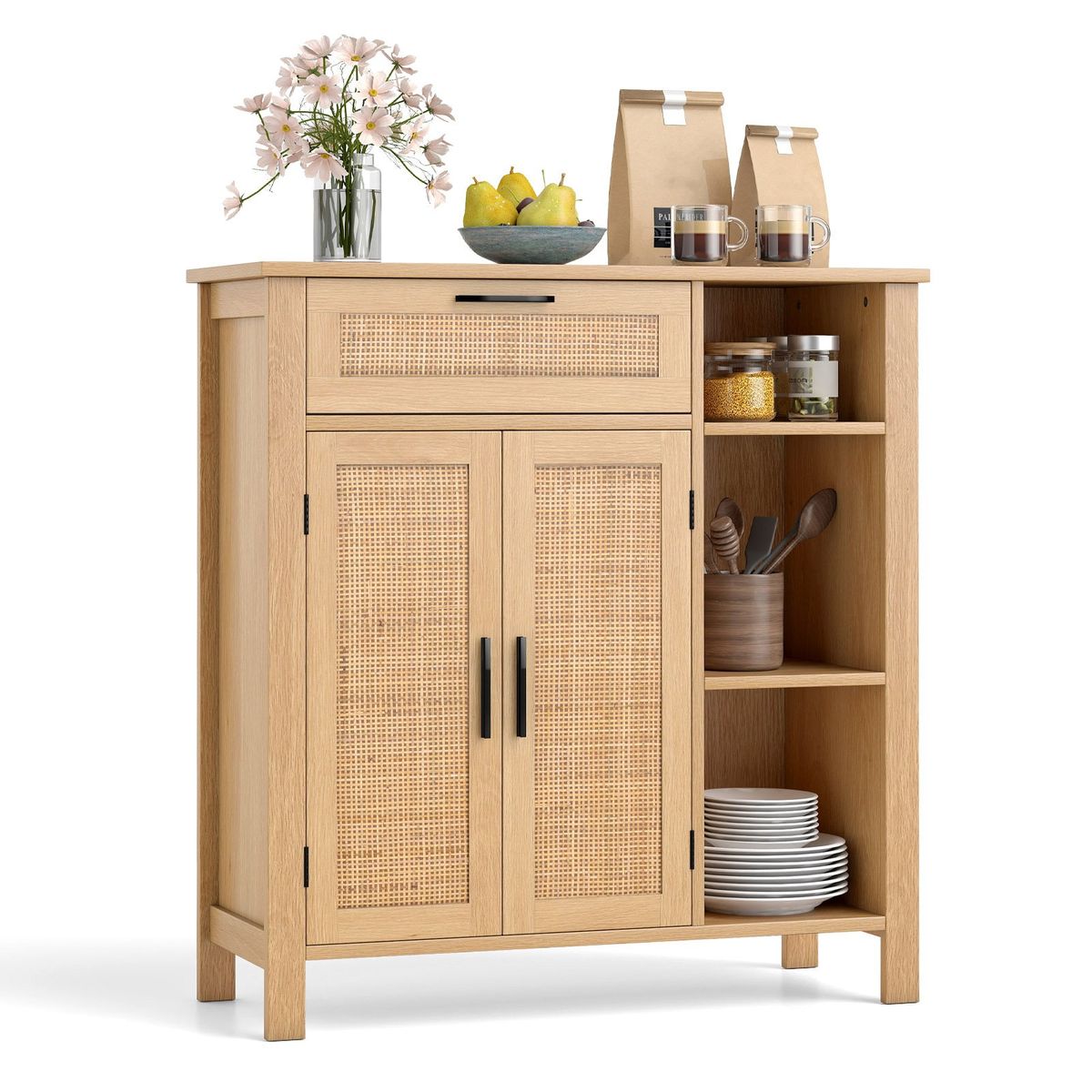 Coast Holzkommode – Türen und Schublade aus Rattan – Verstellbares Regal – Naturfarben 75 x 30 x 80 cm