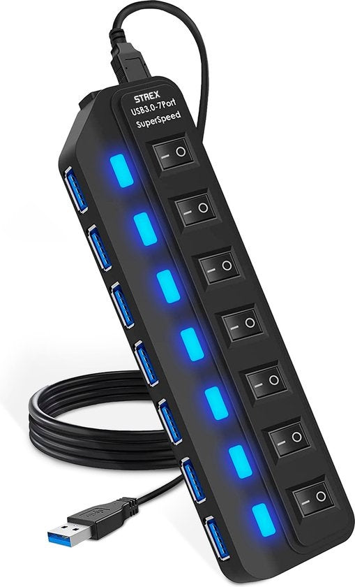 Strex - Mehrfachstecker - 7 Anschlüsse - USB 3.0 Hub - 10m - Schwarz