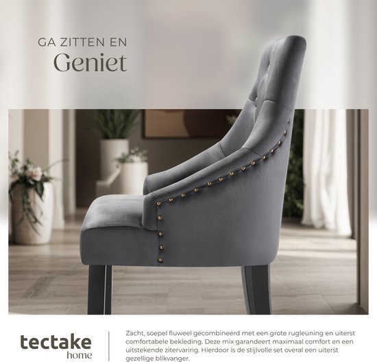 tectake - 2er-Set Esszimmerstühle Everdeen - Samtoptik, abgesteppt - Mit Armlehnen - Beine aus Massivholz - Stuhl für Wohnzimmer, Esszimmer, Küche - Große Rückenlehne - Dunkelgrau / schwarz