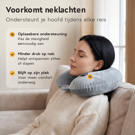 TRAVARA Nackenkissen „The Puffer“ – Aufblasbares Reisekissen – Für das Flugzeug – Autokissen – Travel Pillow – Grau