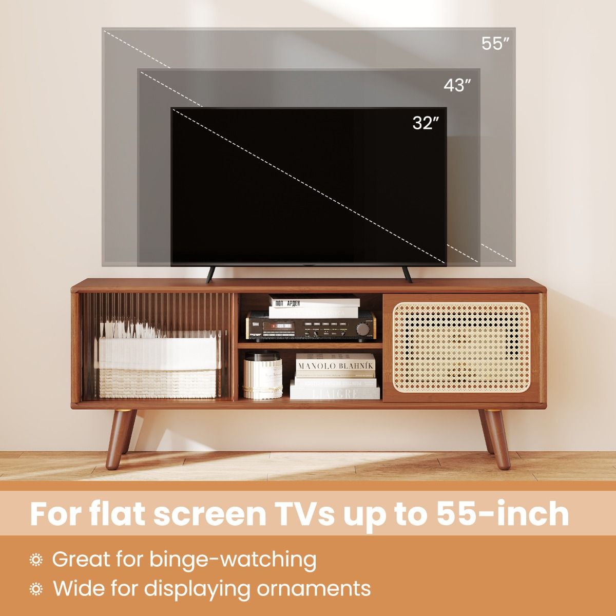 Coast TV-Möbel – Bambus mit Schilf und Glasschiebetür – verstellbares Regal – braun – 120,5 x 31 x 45,5 cm