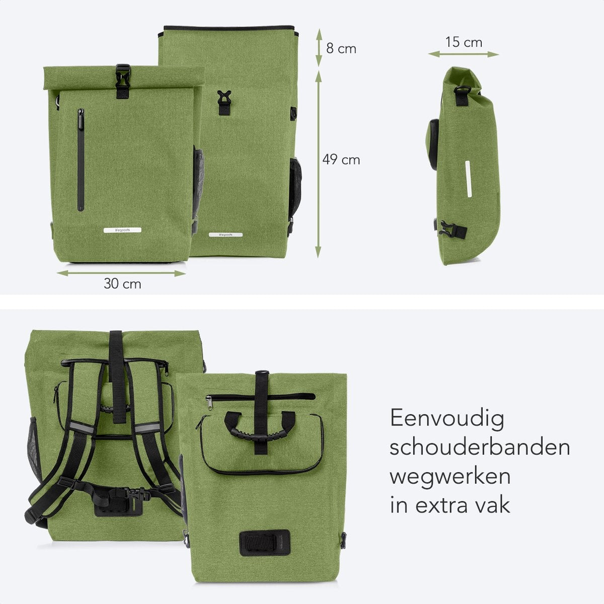LifeGoods Single Bicycle Bag - Kompakt - Umhängetasche und Rucksack - 25L - Runder Gepäckträger - Wasserdicht - Olivgrün