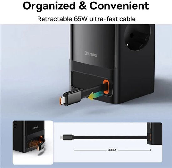 Baseus GaN 65-W-Schnellladestation mit AC/USB-C/USB-A, schwarz