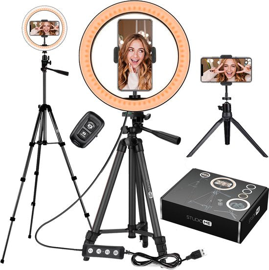 Studio ME Ringlicht mit Stativ 10 Zoll - Schwarz - Ringlicht - 30 Lichtmodi - Inkl. Fernbedienung & Mini-Stativ - Ringlicht - Ringlampen