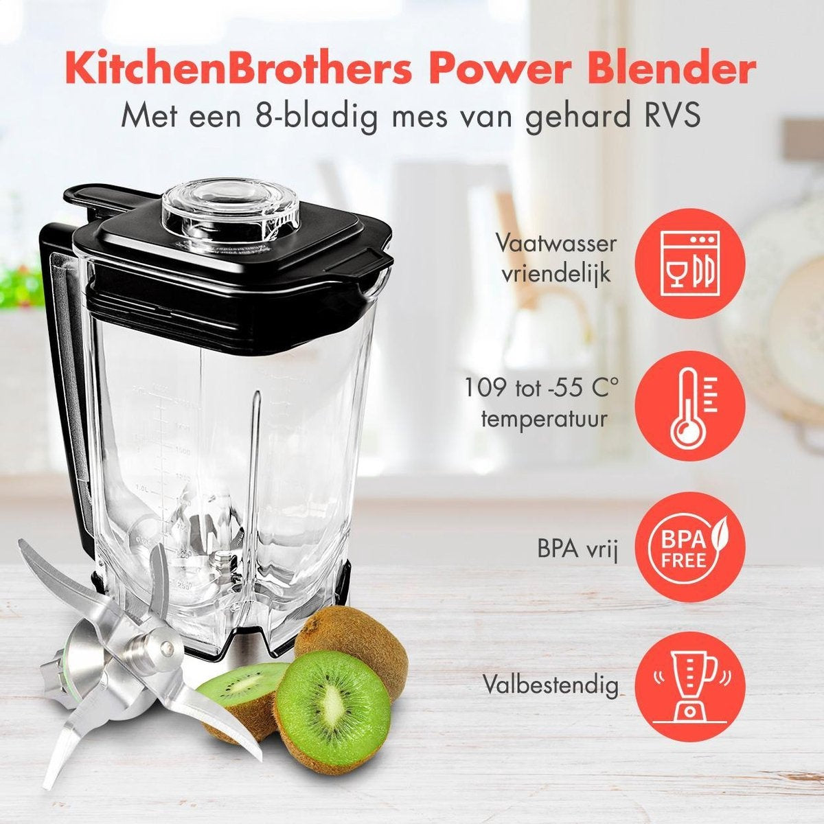 KitchenBrothers - Power Blender - Mixer - 2000W - 2L - Smoothie Maker - 8 Stufen/4 Geschwindigkeiten - Edelstahl