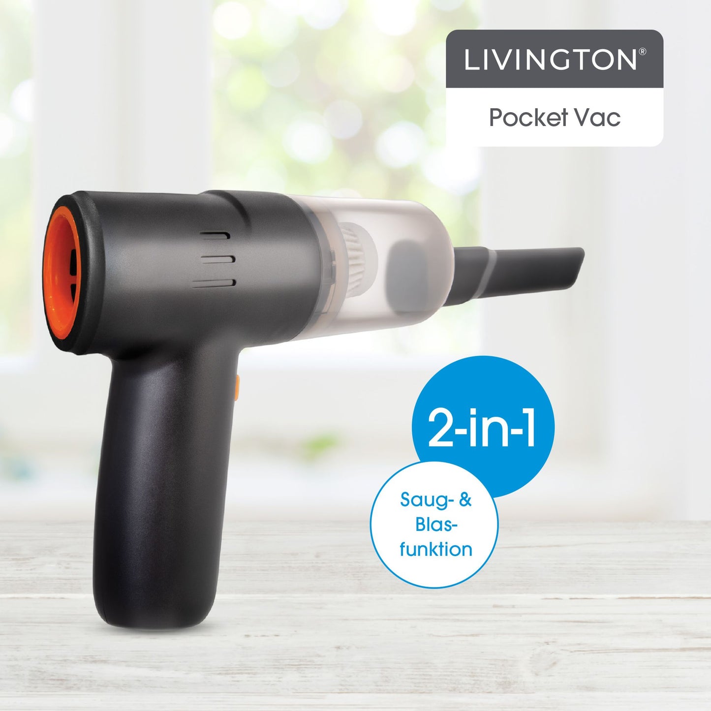 Livington PocketVac Kabelloser Handstaubsauger mit Gebläsefunktion – Kompakt – Leicht – Inklusive 5 Aufsätzen