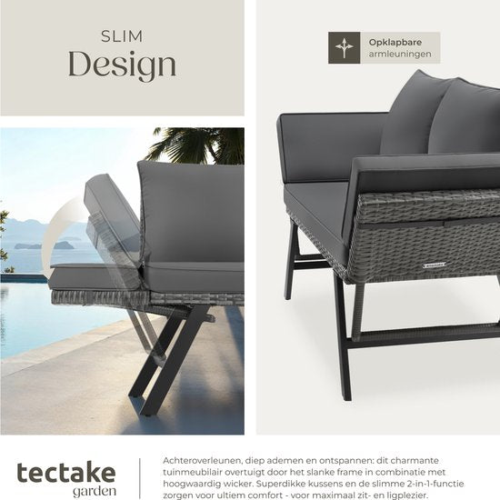 tectake® 2-in-1 Geflecht-Gartenbank Sintra - Verstellbare Handläufe - Gartenset - Liege - Balkon-Lounge-Bank - Inkl. Kissen - Outdoor-Lounge-Sofa - UV- und witterungsbeständige Sonnenliege - Grau