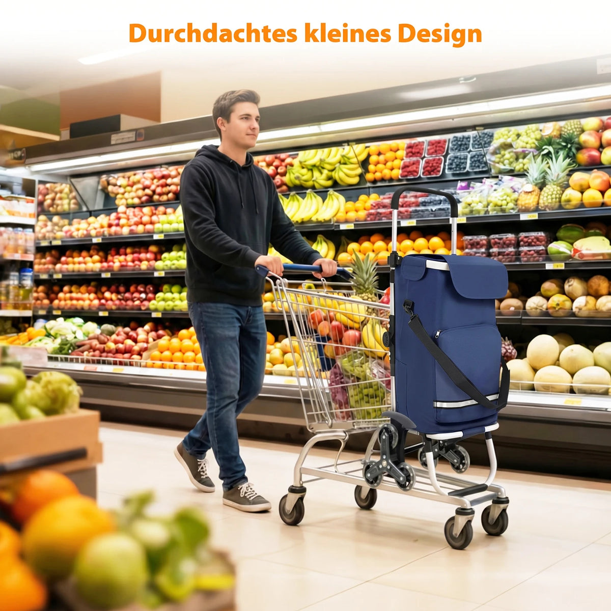 Zusammenklappbarer Einkaufswagen „Traploper“ 60 l – 3-in-1 mit Kühlfach und 6 Rädern – Aluminiumrahmen – Blau – 36 x 42 x 98 cm