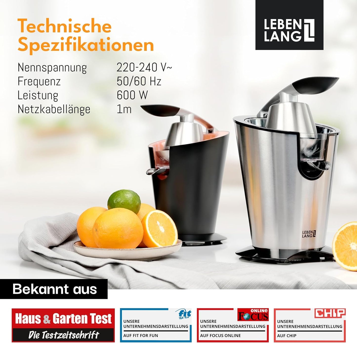LEBENLANG Elektrische Zitruspresse - Bis zu 400ml - 600W - 20 x 20 x 31 cm - Silber