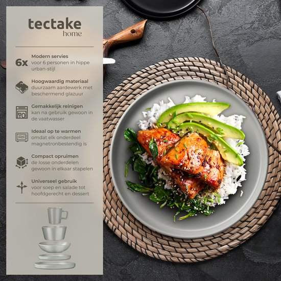 tectake® Geschirrset Una – 30-teilig – Steingut – für 6 Personen – stilvolles und langlebiges Geschirr – Set mit großen und kleinen Tellern, Schüsseln, Schälchen – Tassen – grau