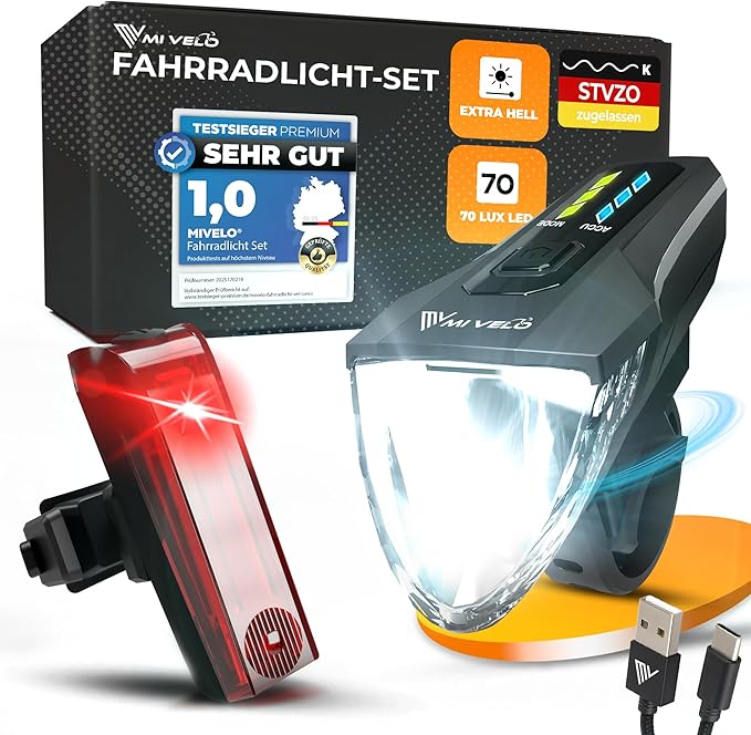 MIVELO Fahrradlicht-Set - USB aufladbar & wasserdicht - 70 Lux - Schwarz