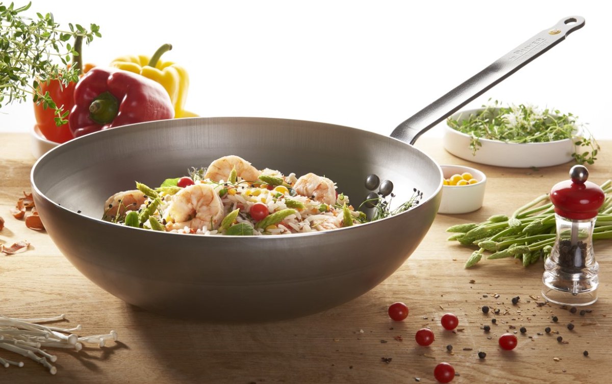 De Buyer Wok - Stahlblech - Ø 28 cm - Breiter Boden - PFAS-frei - Für Induktion - Grau