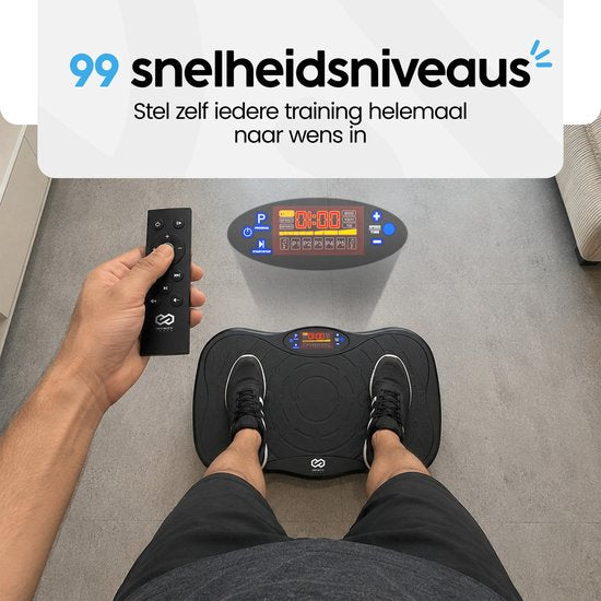 Infinity Goods Vibrationsplatte Premium – Fitness-Vibrationsplatte – inklusive Widerstandsbänder und Griffe – Powerplate – 5 Trainingsprogramme – 99 Geschwindigkeitsstufen – Bluetooth-Musik – Schwarz