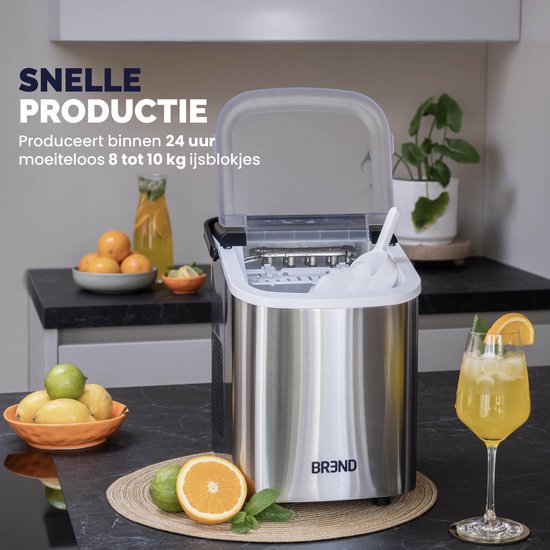 BREND - Eiswürfelbereiter mit Schaufel und Tropfschale - BR-2213 - unterschiedliche Größen - Tragbar - 10 kg in 24 Stunden - Silber