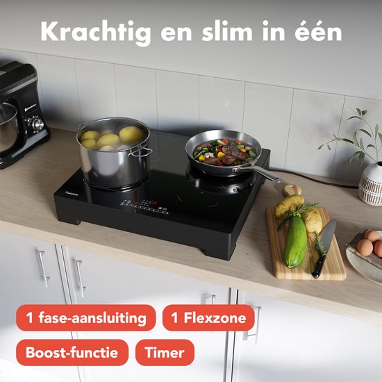 KitchenBrothers Induktionskochfeld - Freistehendes Induktionskochfeld - 60 cm - 4 Zonen - 1x Flexzone - 1 Phase - bis zu 3500W - Schwarz