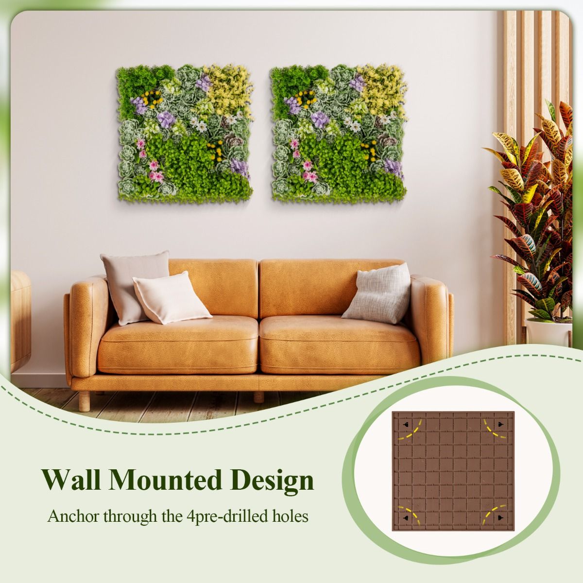 Coast Kunstpflanzen-Wandpaneele – 2er-Set – 3D-Kunsthecke – 10 verschiedene Pflanzenarten – 50 x 50 cm – grün und braun
