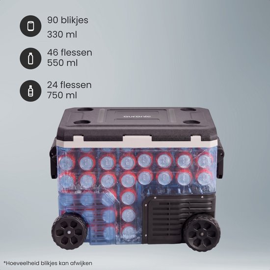 Auronic Elektrische Kühlbox – Kompressor – 64 l – 12 V und 240 Volt – Camping-Kühlschrank – Frigobox für das Auto – mit Rädern und Griff – schwarz