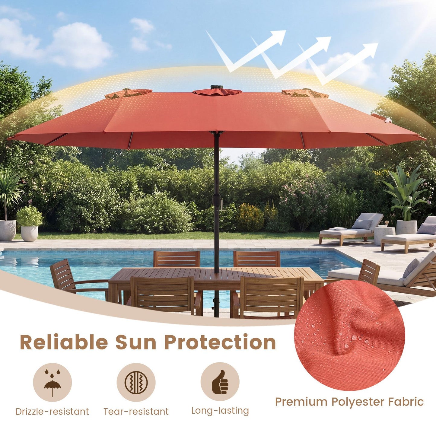 Coast 460 x 285 cm Doppelter Gartenschirm, orange, mit 48 solarbetriebenen LEDs – Extra großer Sonnenschirm mit selbstaufladendem Solarpanel