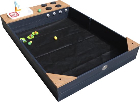 AXI Kelly Sandkasten mit Spielküche Anthrazit/Braun – Waschbecken inkl. 17-teiligem Zubehörset – Inklusive Abdeckplane und Bodenplane