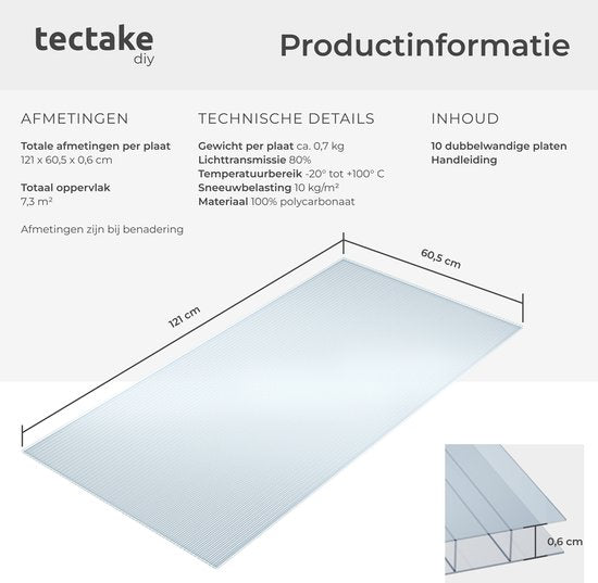 tectake® - 10er Set Polycarbonatplatten - Stabile, lichtdurchlässige, UV-beständige Hohlkammerplatten - 121 x 60,5 cm - 7,32m² gesamt - Transparent - Gewächshausfolie - 6mm stark