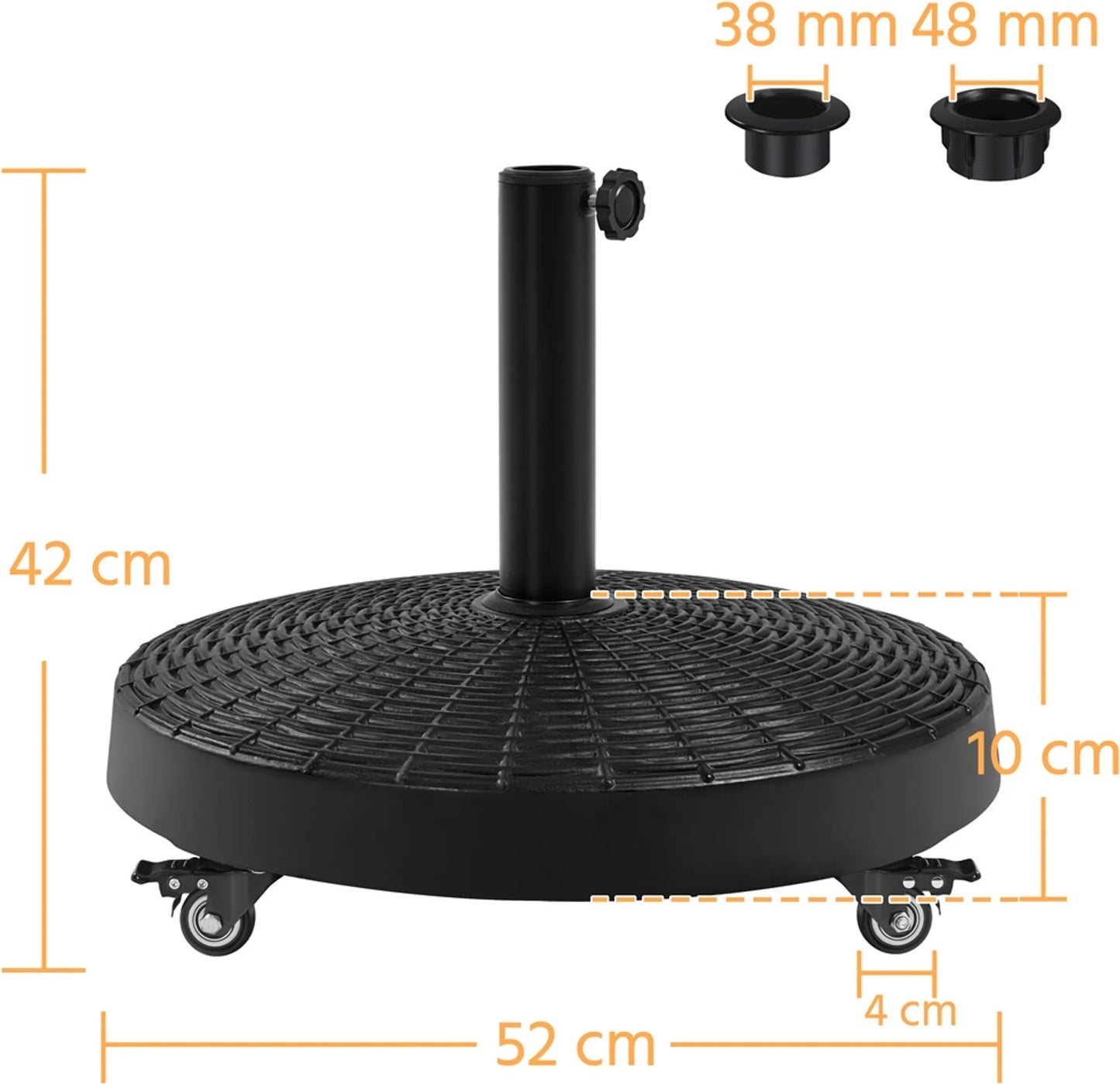 Yaheetech Sonnenschirmfuß auf Rädern 24 kg - Mit 4 Rollen mit Bremse und zwei Adaptern für Ø 38 mm und Ø 48 mm - Für Terrasse und Garten - Schwarzes Harz und Metall - 52 x 52 x 42 cm