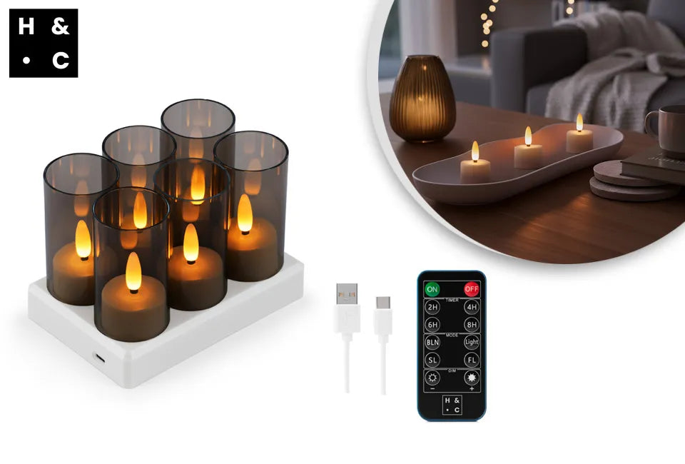 Home & Comfort - Wiederaufladbares LED-Teelicht-Set (6 Stück) - Mit Fernbedienung - Dimmbar - 4 Lichtstufen - Inklusive Ladestation