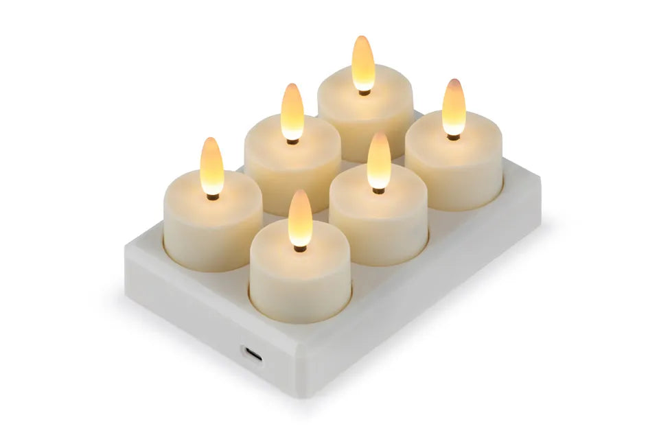 Home & Comfort - Wiederaufladbares LED-Teelicht-Set (6 Stück) - Mit Fernbedienung - Dimmbar - 4 Lichtstufen - Inklusive Ladestation