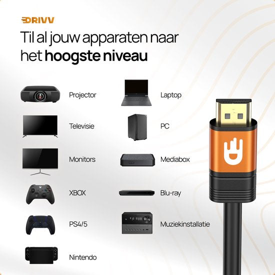 Drivv. Premium HDMI Kabel 2.1 - Ultra HD - 8K 60Hz - 4K 120Hz - Geeignet für Xbox Serie X & PS5 - 1 Meter - Orange