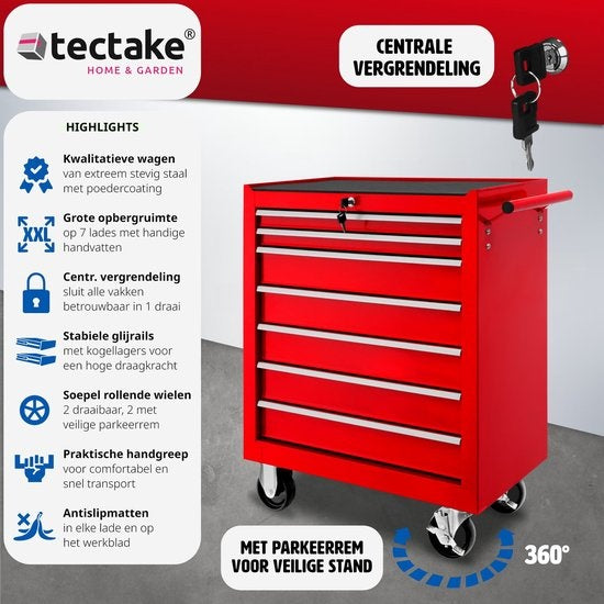 tectake - Werkzeugwagen mit 7 Schubladen - Werkstattwagen, mobile Werkstatt, leerer Werkzeugwagen, Werkzeugkasten, 7 Schubladen, 69 x 33 x 79 cm, Räder mit Bremse, inkl. 2 Schlüssel - rot